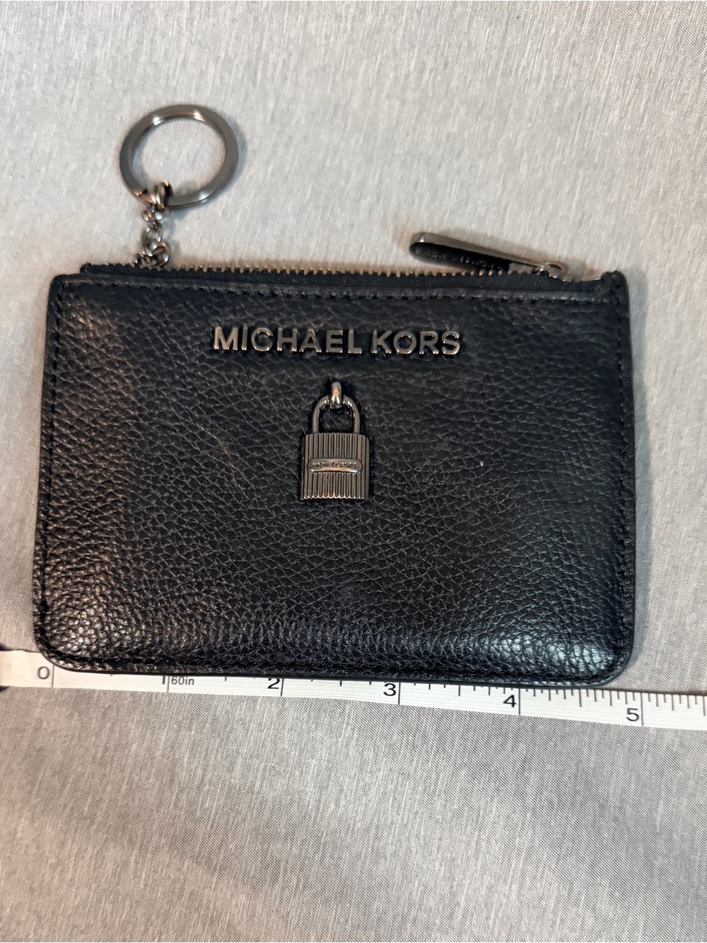 Michael Kors Black Pebbled Leather Zip Card Case Coin Pouch Wallet padlock charm